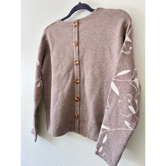 Joie Floral Knit Sweater Quiet Luxury Preppy Taupe Ivory Button Back SZ M - Picture 4 of 8